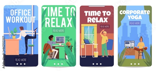 Office workout and corporate yoga banners collection flat vector illustration.