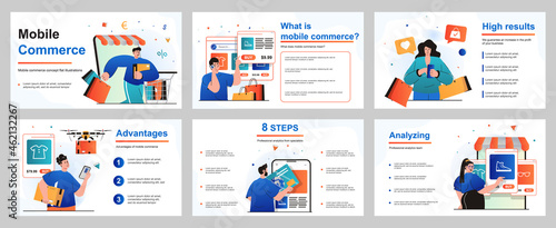 Mobile commerce concept for presentation slide template. People customers shopping in mobile application, online payment, ordering home delivery for purchases. Vector illustration for layout design