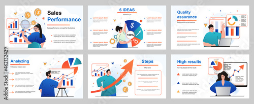 Sales performance concept for presentation slide template. People analyze financial data, business analytics and income growth, work with charts and graphs. Vector illustration for layout design