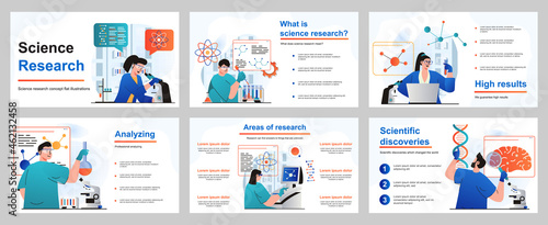 Science research concept for presentation slide template. People scientists make tests and experiments, scientific discoveries, work at professional laboratories. Vector illustration for layout design