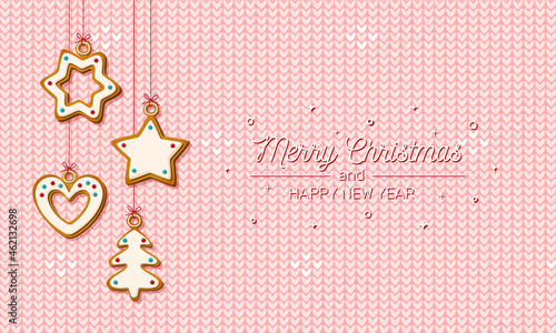 Hanging Christmas gingerbread on pink knitted background. Festive cookies in shape of house and Christmas tree, star and snowflake and heart for holiday greeting card. Vector illustration