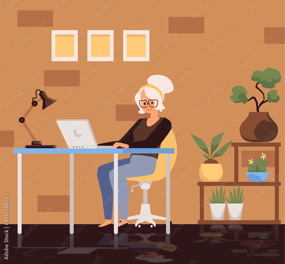 Elderly woman in glasses sits on office chair and surfs the Internet on laptop - flat vector illustration.