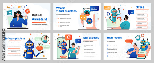Virtual assistant concept for presentation slide template. Operator advises customers who have contacted support service. Chatbot robot helps and sends messages. Vector illustration for layout design