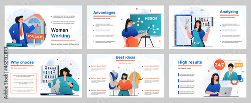 Web design concept for presentation slide template. Female occupations - businesswoman, teacher, hairdresser, veterinarian, seamstress, operator call center. Vector illustration for layout design