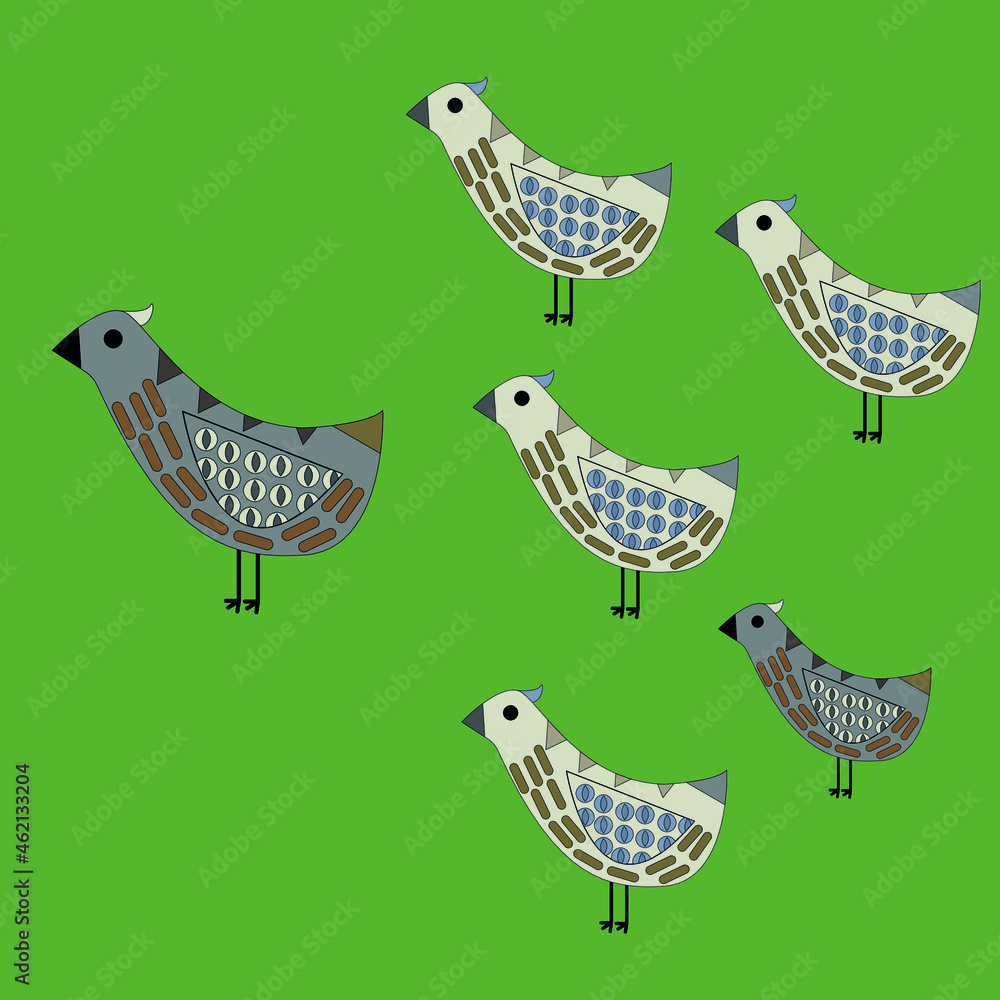 Fototapeta premium Cute animals bird happy family, with father and children, son and daughters on green isolated background, vector illustration.