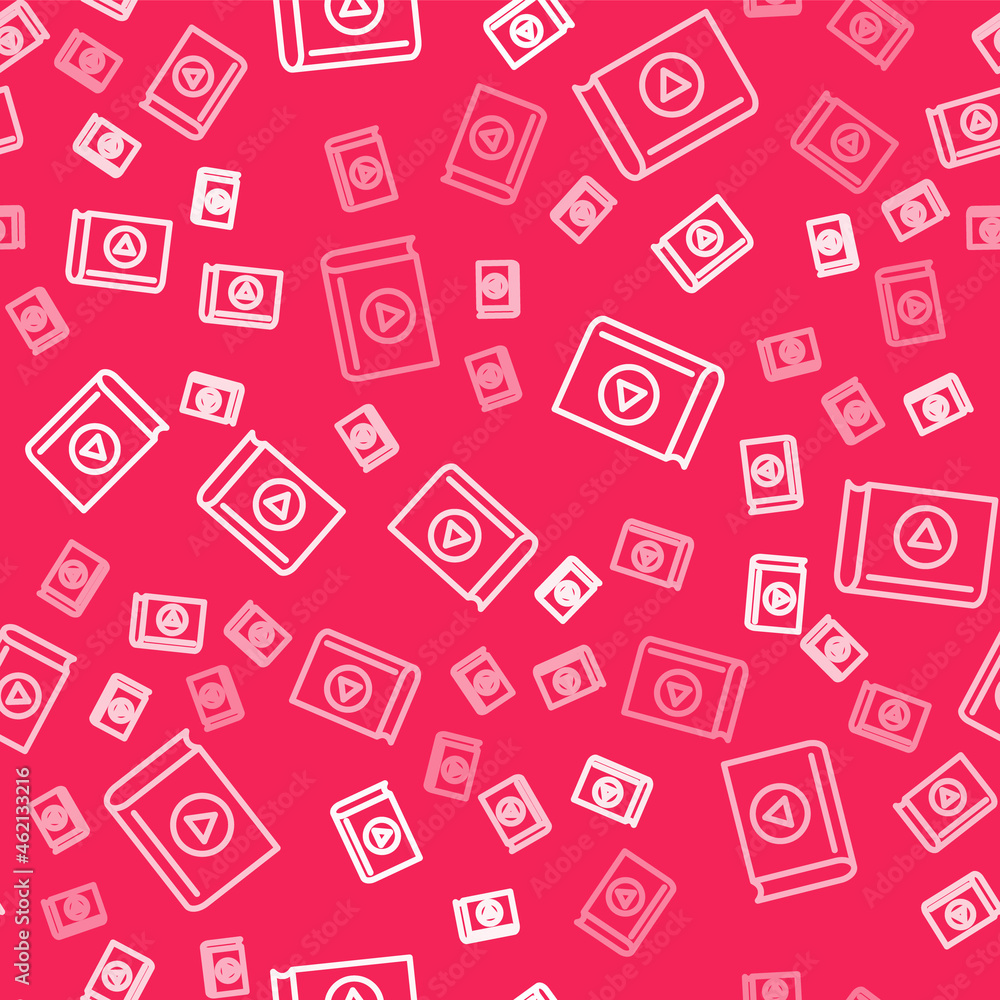 White line Audio book icon isolated seamless pattern on red background. Play button and book. Audio guide sign. Online learning concept. Vector White line Audio book icon isolated seamless pattern on red background. Play button and book. Audio guide sign. Online learning concept. Vector