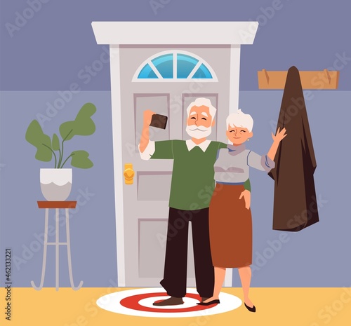Senior couple taking selfie with smartphone, flat vector illustration.