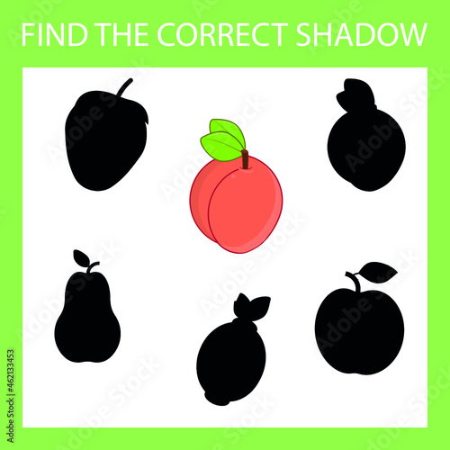 Find a shadow peach steam room. Match fruit with correct shadow Preschool worksheet, kids activity worksheet, printable worksheet