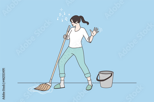 Happy millennial girl have fun cleaning house with mop, enjoy domestic chores. Optimistic overjoyed woman housewife dancing singing doing housework. Housekeeping. Cartoon flat vector illustration.