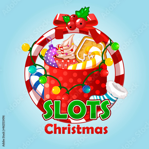 Christmas box in candy frame with sweets and garland for graphic design.
