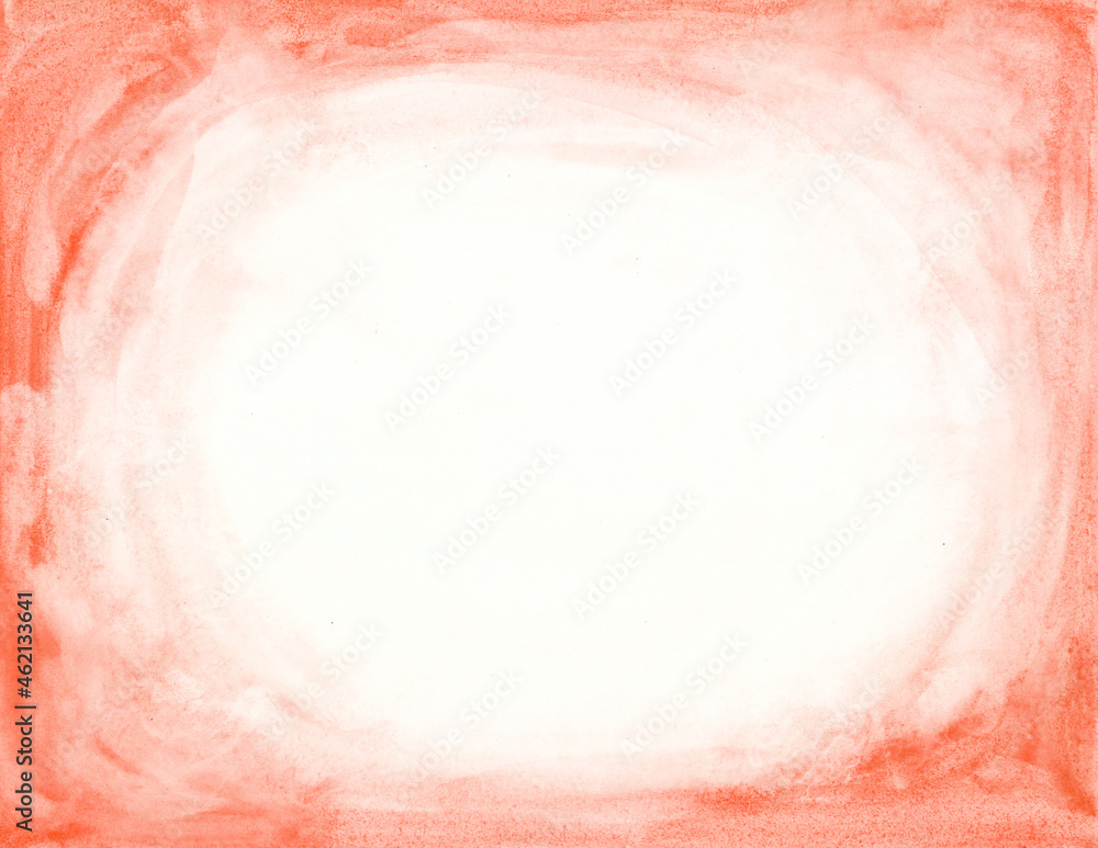 Red watercolor background with a white space in the center. Red and white abstract template. Hand-drawn frame for your design. Orange gradient backdrop. Watercolor textured illustration.