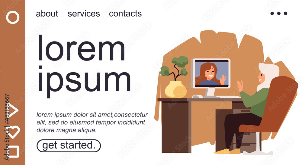 Website with elderly woman communicates in virtual app, flat vector illustration.