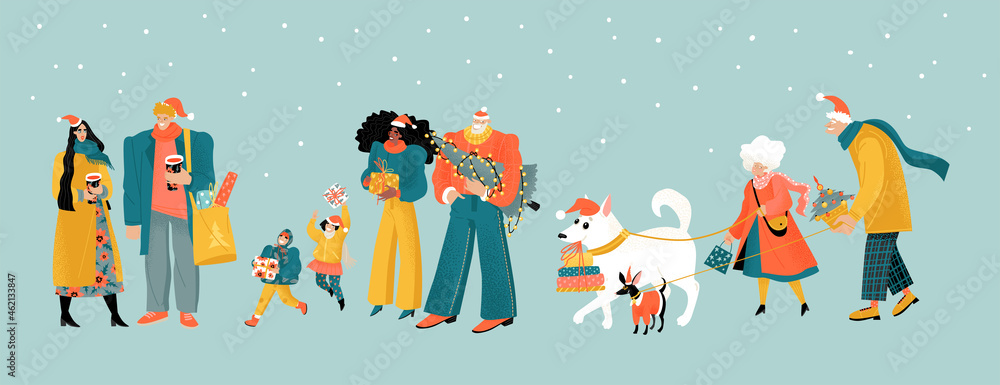 Preparing for Christmas. People with Christmas trees, gifts and mulled wine. Cute characters of family with children, young people and elderly couple with dogs