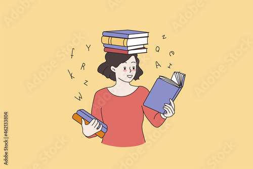 Smart girl student reading books, have textbooks on head, preparing for exam or test at university. Focused young woman study learn distant for college. Education concept. Flat vector illustration.