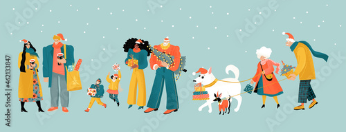 Preparing for Christmas. People with Christmas trees, gifts and mulled wine. Cute characters of family with children, young people and elderly couple with dogs