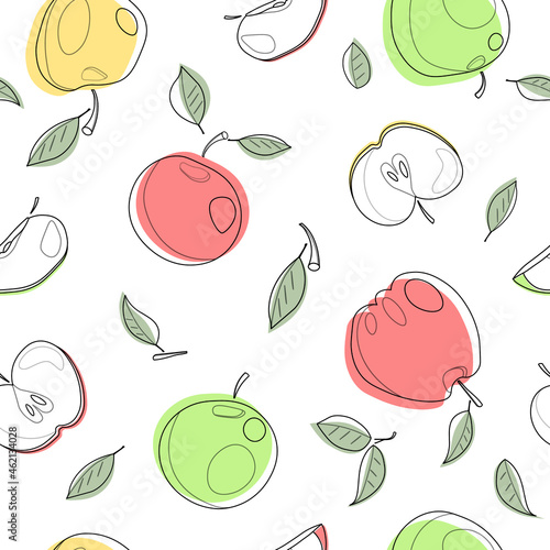 Fototapeta Naklejka Na Ścianę i Meble -  Linear illustration of colorful apples with leaves. Pattern for the background.
