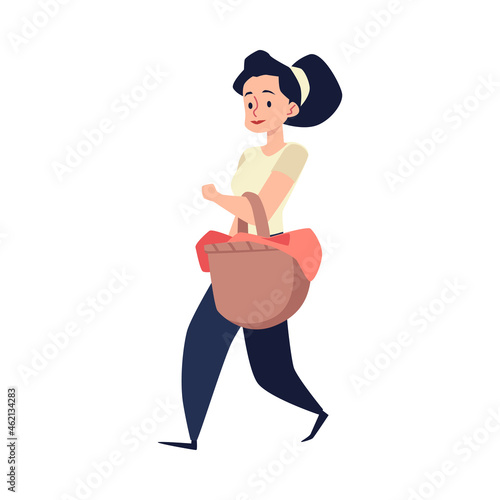 Woman carries basket with clothing for laundry flat vector illustration isolated.