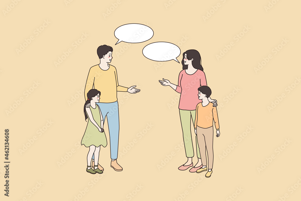 Smiling mother and father of small teen kids talk speak encounter in street. Happy man and woman have communication, children classmates near. Thin line art sketch, flat vector illustration.