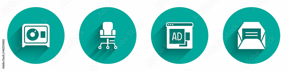 Set Safe, Office chair, Advertising and Envelope icon with long shadow. Vector Set Safe, Office chair, Advertising and Envelope icon with long shadow. Vector