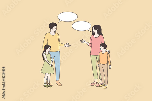 Smiling mother and father of small teen kids talk speak encounter in street. Happy man and woman have communication, children classmates near. Thin line art sketch, flat vector illustration.