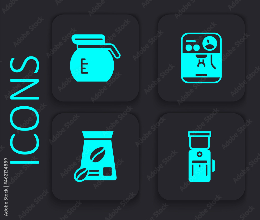 Set Electric coffee grinder, Coffee pot, machine and Bag beans icon. Black square button. Vector Set Electric coffee grinder, Coffee pot, machine and Bag beans icon. Black square button. Vector