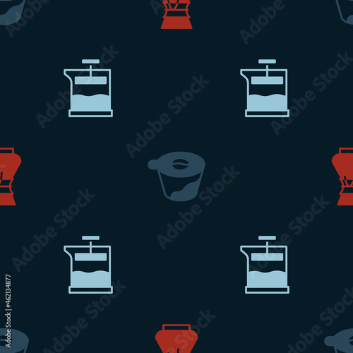 Set Pour over coffee maker, and French press on seamless pattern. Vector