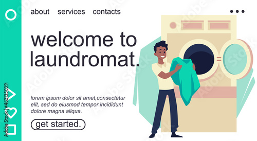 Laundromat self service website banner template, flat vector illustration.