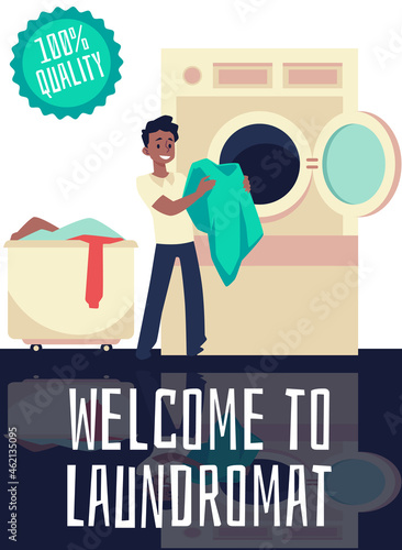 Laundromat and dry cleaning service banner or poster, flat vector illustration.