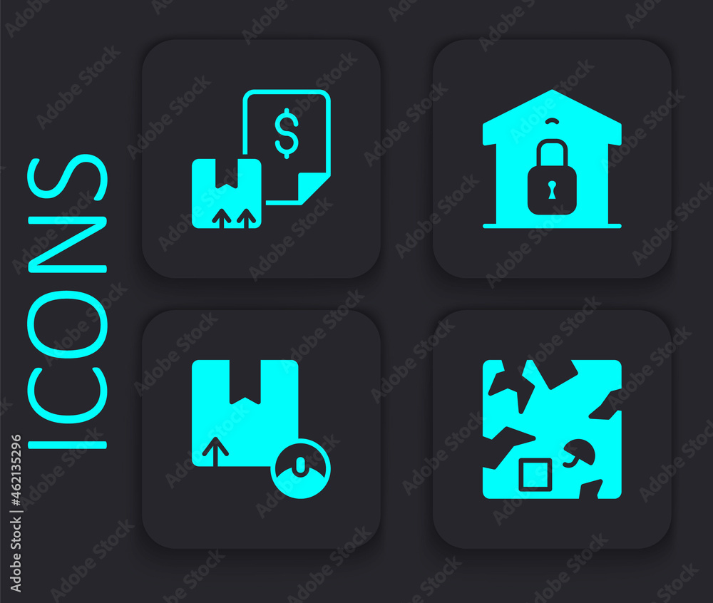 Set Broken cardboard box, Waybill, Closed warehouse and Carton icon. Black square button. Vector Set Broken cardboard box, Waybill, Closed warehouse and Carton icon. Black square button. Vector
