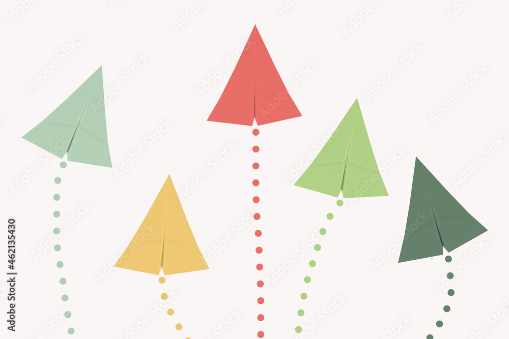 Paper airplanes in different colors, standing out, sky rocket, busines start up