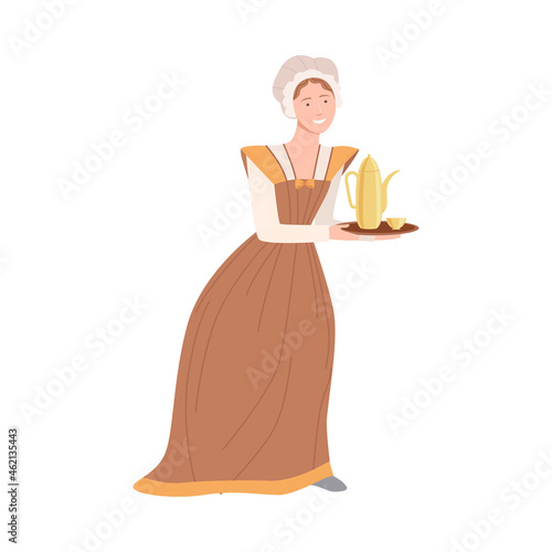 Woman maid in historical costume of 18th century cartoon vector illustration