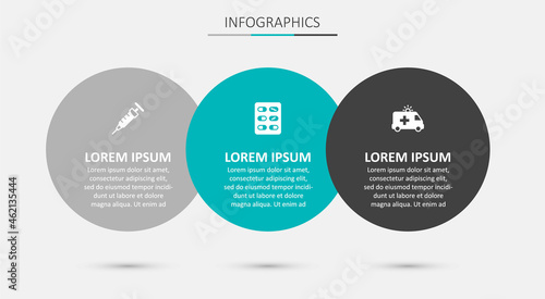 Set Pills in blister pack, Syringe and Ambulance car. Business infographic template. Vector