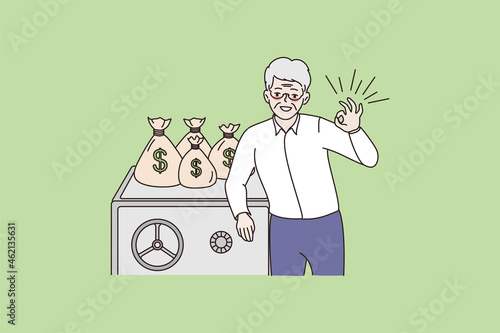 Portrait of smiling elderly businessman make money investment in bank. Happy mature senior man recommend finances saving for future good maturity. Finance concept. Flat vector illustration.
