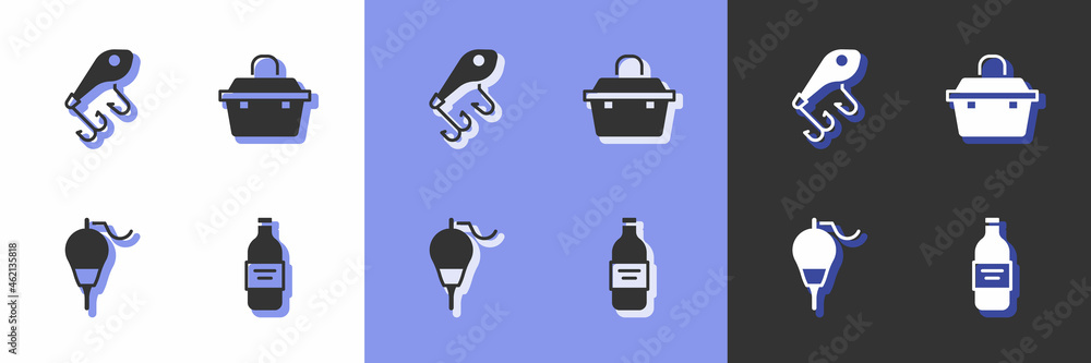 Set Bottle of vodka, Fishing lure, float and Case or box for fishing equipment icon. Vector Set Bottle of vodka, Fishing lure, float and Case or box for fishing equipment icon. Vector