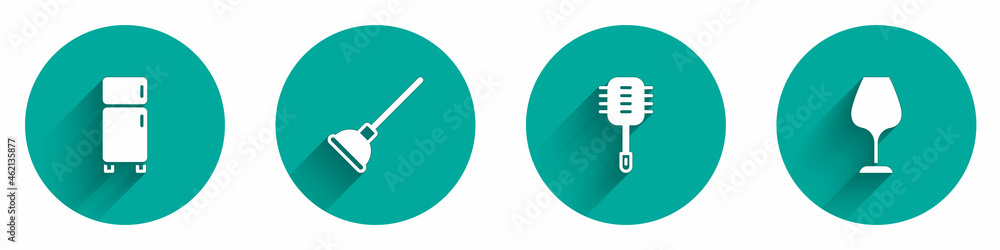 Set Refrigerator, Rubber plunger, Toilet brush and Wine glass icon with long shadow. Vector Set Refrigerator, Rubber plunger, Toilet brush and Wine glass icon with long shadow. Vector