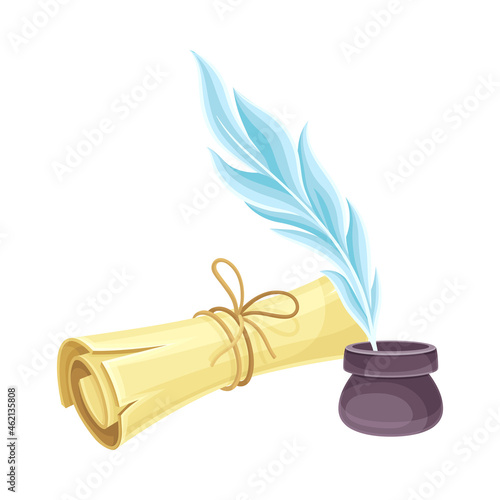 Vintage paper scroll, feather, inkwell. Magic objects cartoon vector illustration
