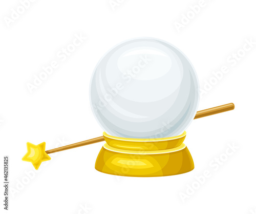 Magic wand and glass ball. Magic objects cartoon vector illustration