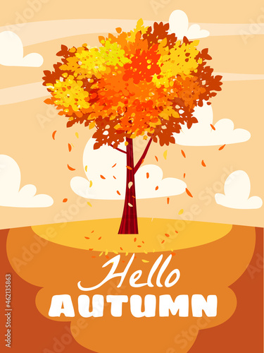 Hello Autumn landscape, city park. Fall, trees in yellow orange foliage, alley, path. Vector background illustration, poster