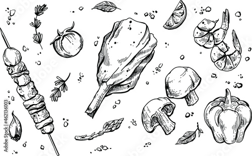 Black and white fruits and vegetables set element of food
