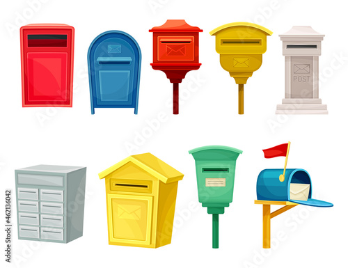 Mailboxes for receiving and sending correspondence set. Post boxes for paper letters flat vector illustration