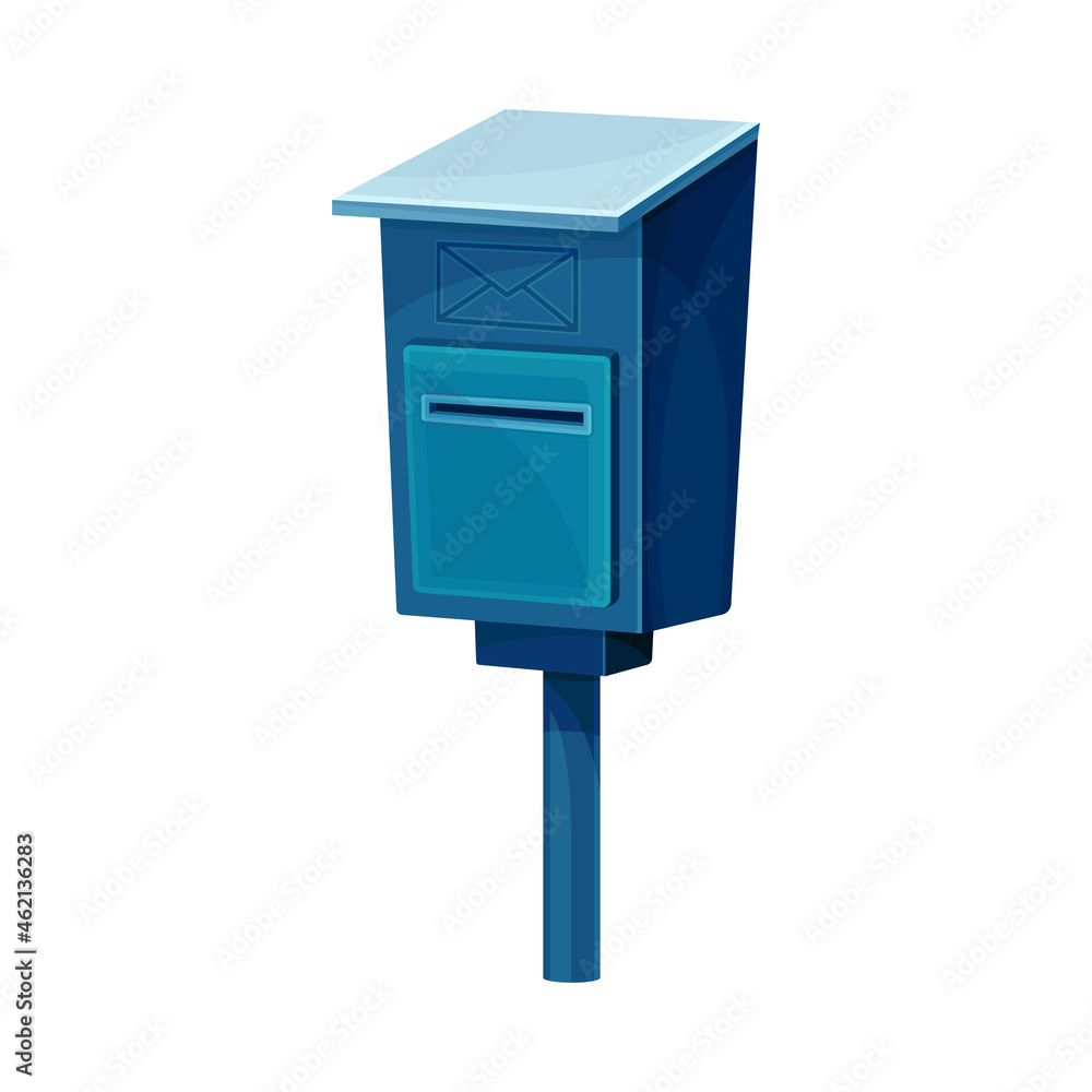 Mailbox for correspondence delivery. Blue retro street post box for paper letters and newspapers flat vector illustration