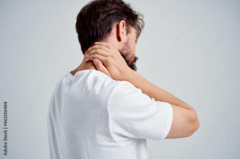 bearded man pain in the neck health problems massage therapy isolated background bearded man pain in the neck health problems massage therapy isolated background