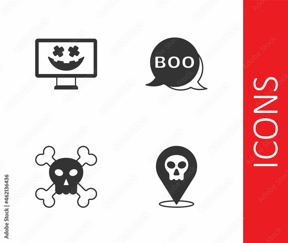 Set Skull, Happy Halloween holiday, on crossbones and Boo speech bubble icon. Vector