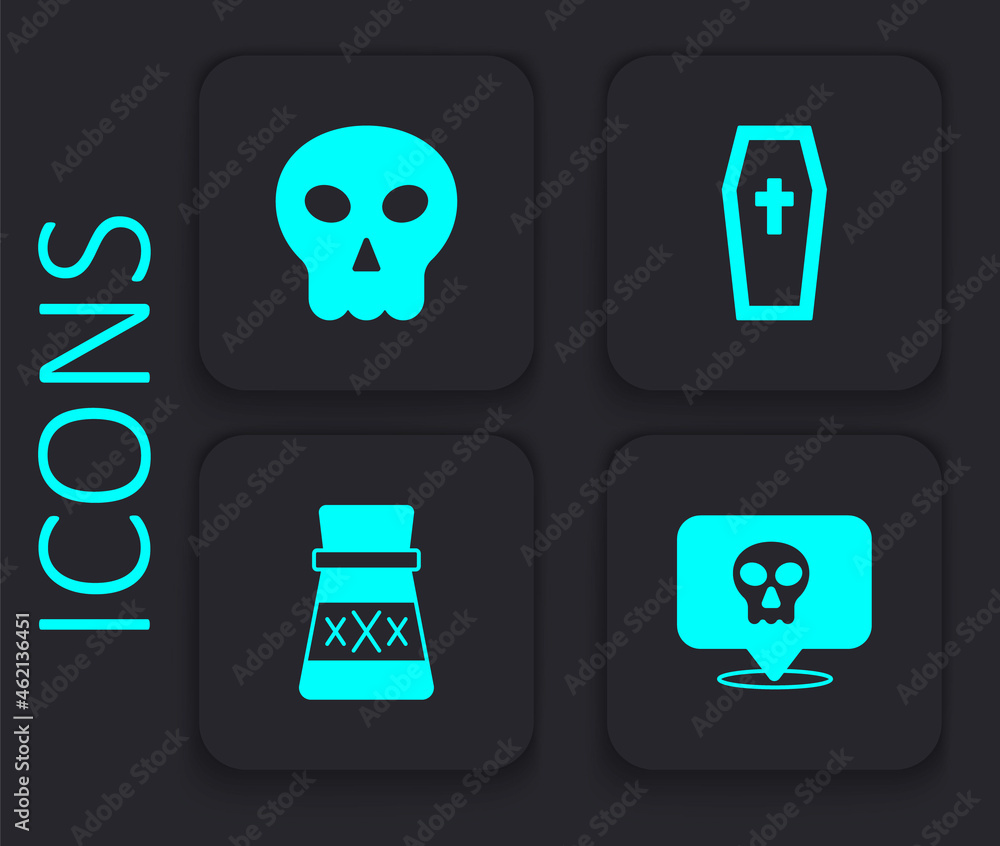 Set Skull, Coffin with christian cross and Bottle potion icon. Black square button. Vector Set Skull, Coffin with christian cross and Bottle potion icon. Black square button. Vector