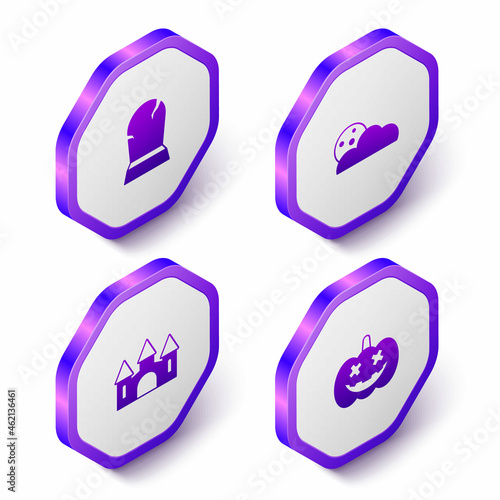Set Isometric Tombstone with RIP written, Moon and stars, Castle and Pumpkin icon. Purple hexagon button. Vector