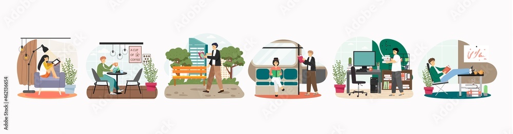 People reading books at home, in city park, in public transport, vector illustration. Hobbies and leisure, education. People reading books at home, in city park, in public transport, vector illustration. Hobbies and leisure, education.