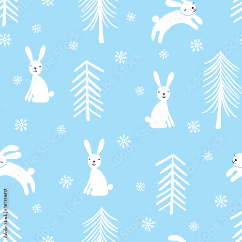 Snowshoe hare childish seamless vector pattern with rabbit in the snow forest. Bunny tree background for children. Scandinavian style kids winter illustration minimalism style for fabric, wrapping.