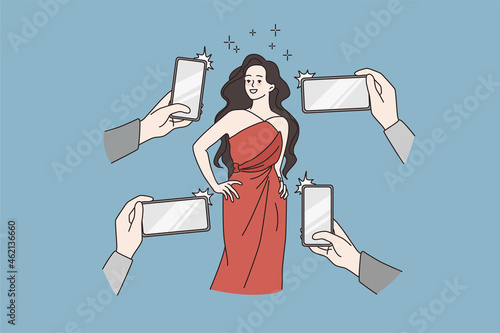 Beautiful woman star pose on red carpet for photographer reporters making pictures on smartphones. Smiling female celebrity on event photographed by journalists. Flat vector illustration.
