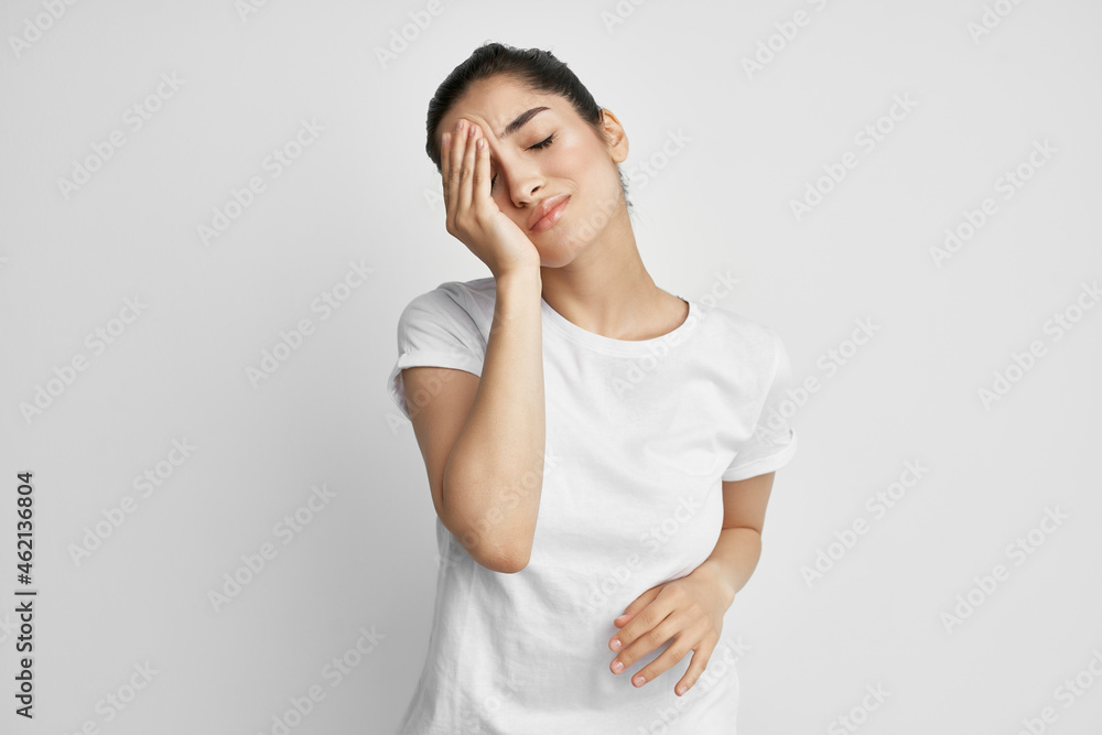 woman with headache health problems emotions Studio woman with headache health problems emotions Studio