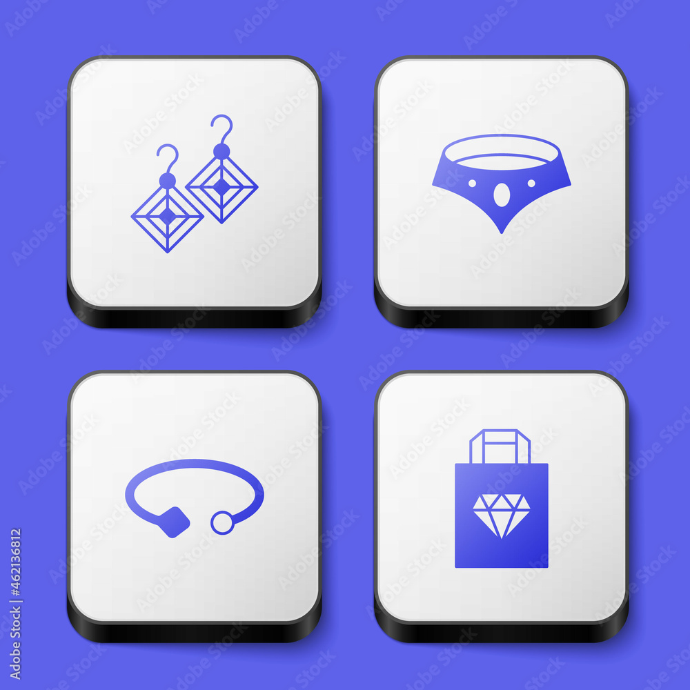 Set Earrings, Necklace, Bracelet jewelry and Shopping bag icon. White square button. Vector